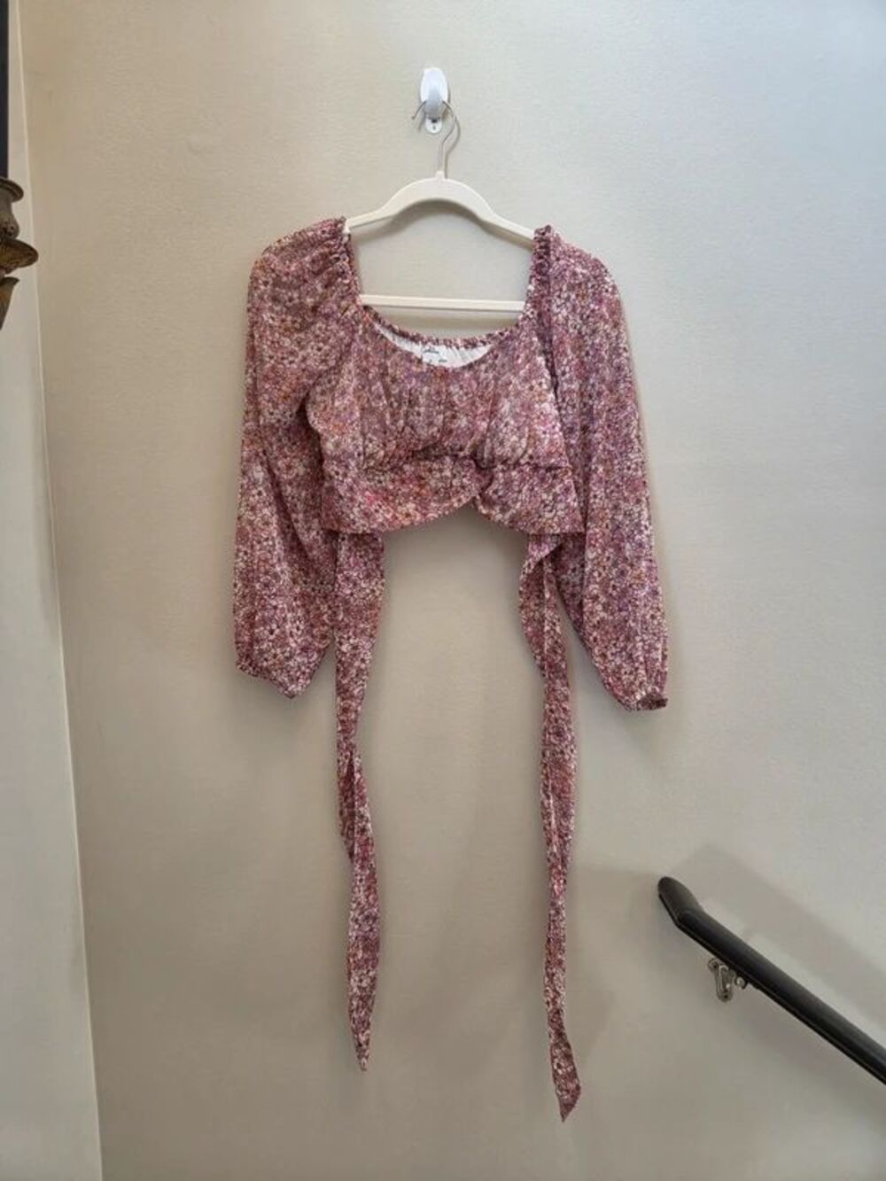 Japna Floral Puff Sleeve Crop Top Tie Waist Cottage Girly Sz Small Feminine